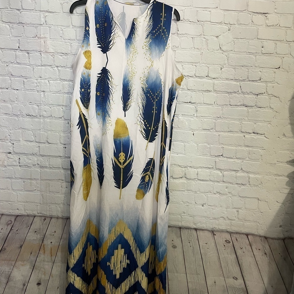 Blue White Gold Feather Design Graphic Summer Long Sleeveless Dress Size Large